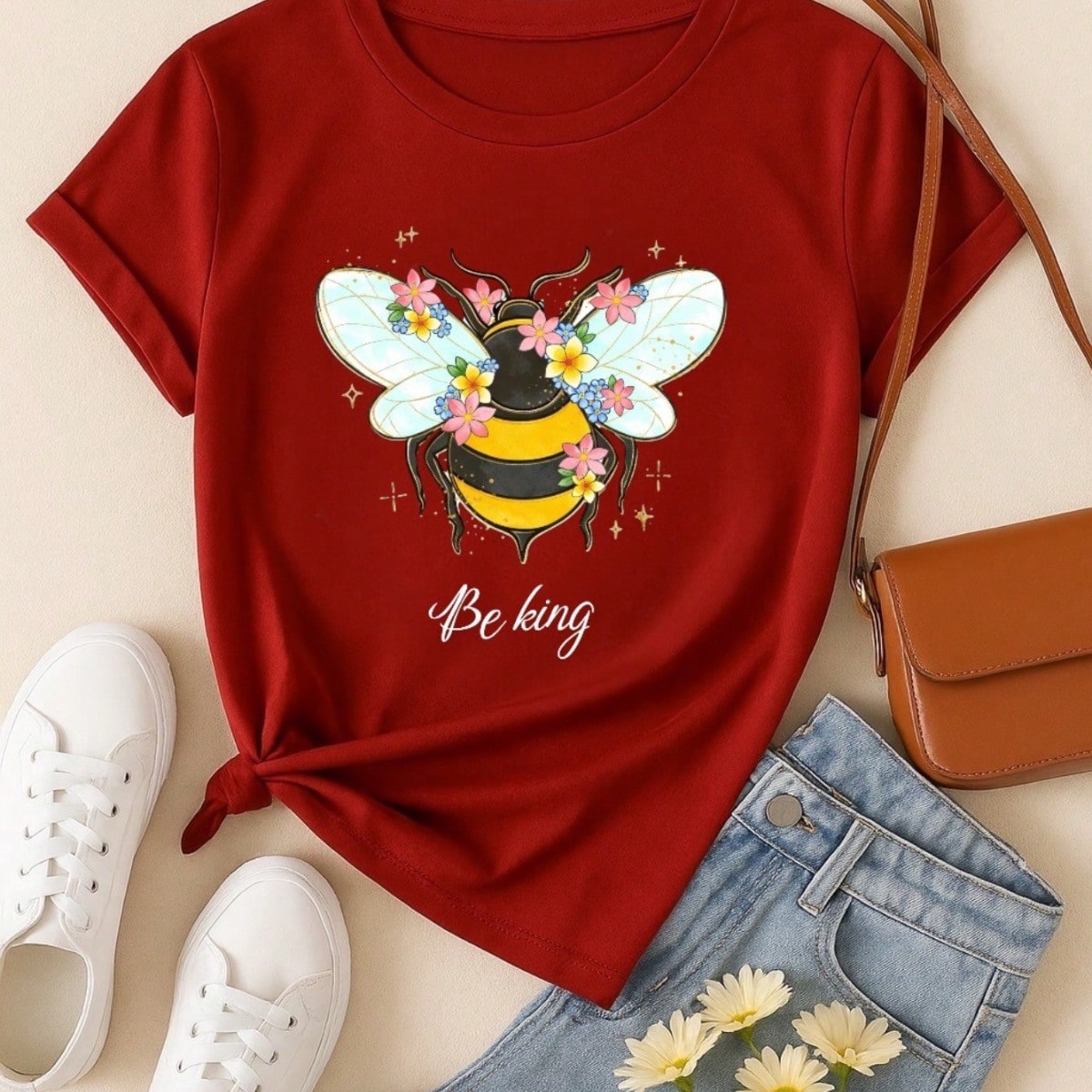 Blusa Feminina 100% Algodão Be Kind | Camiseta Estampada Abelha Floral Casual | P ao GG