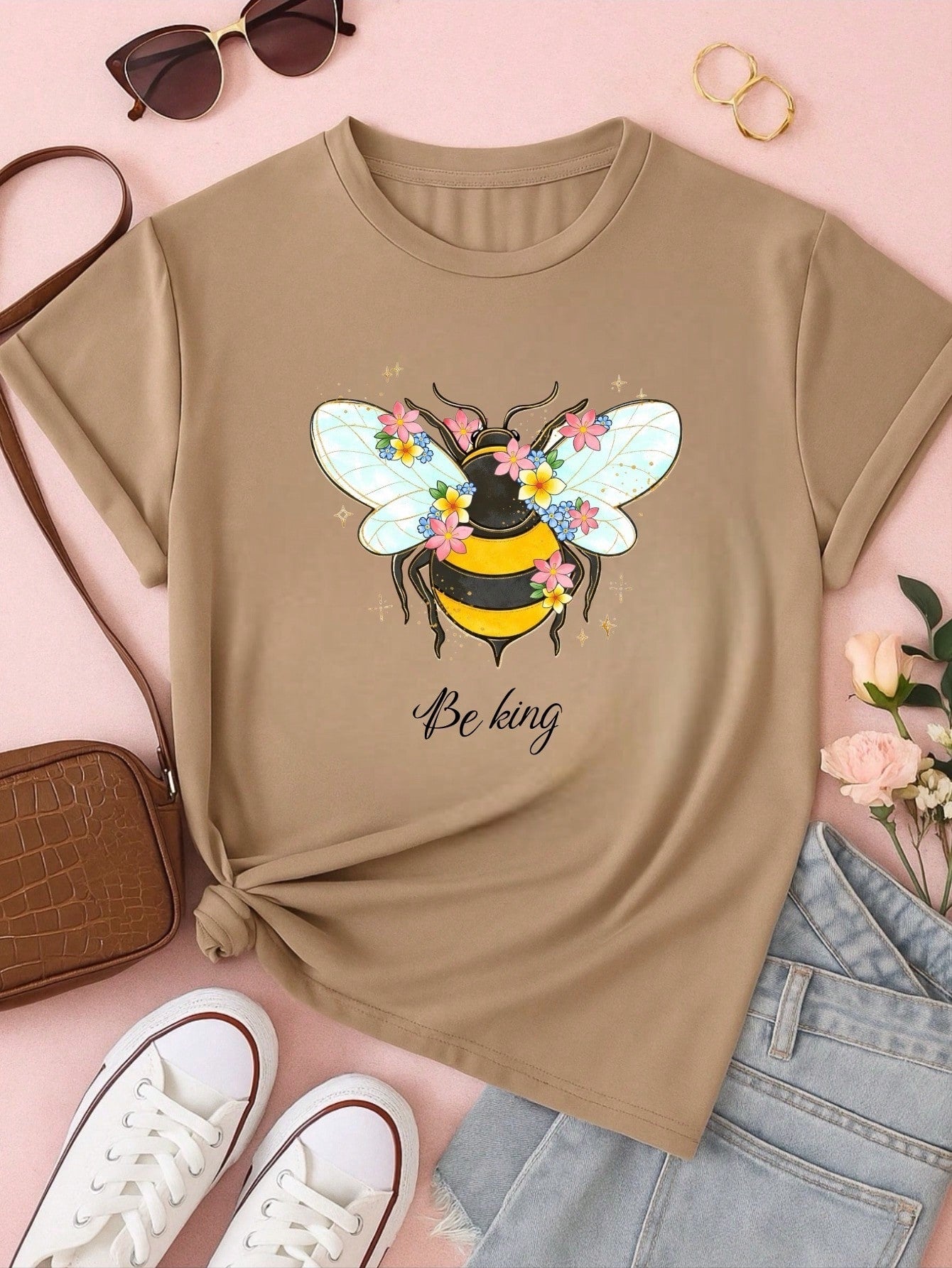 Blusa Feminina 100% Algodão Be Kind | Camiseta Estampada Abelha Floral Casual | P ao GG