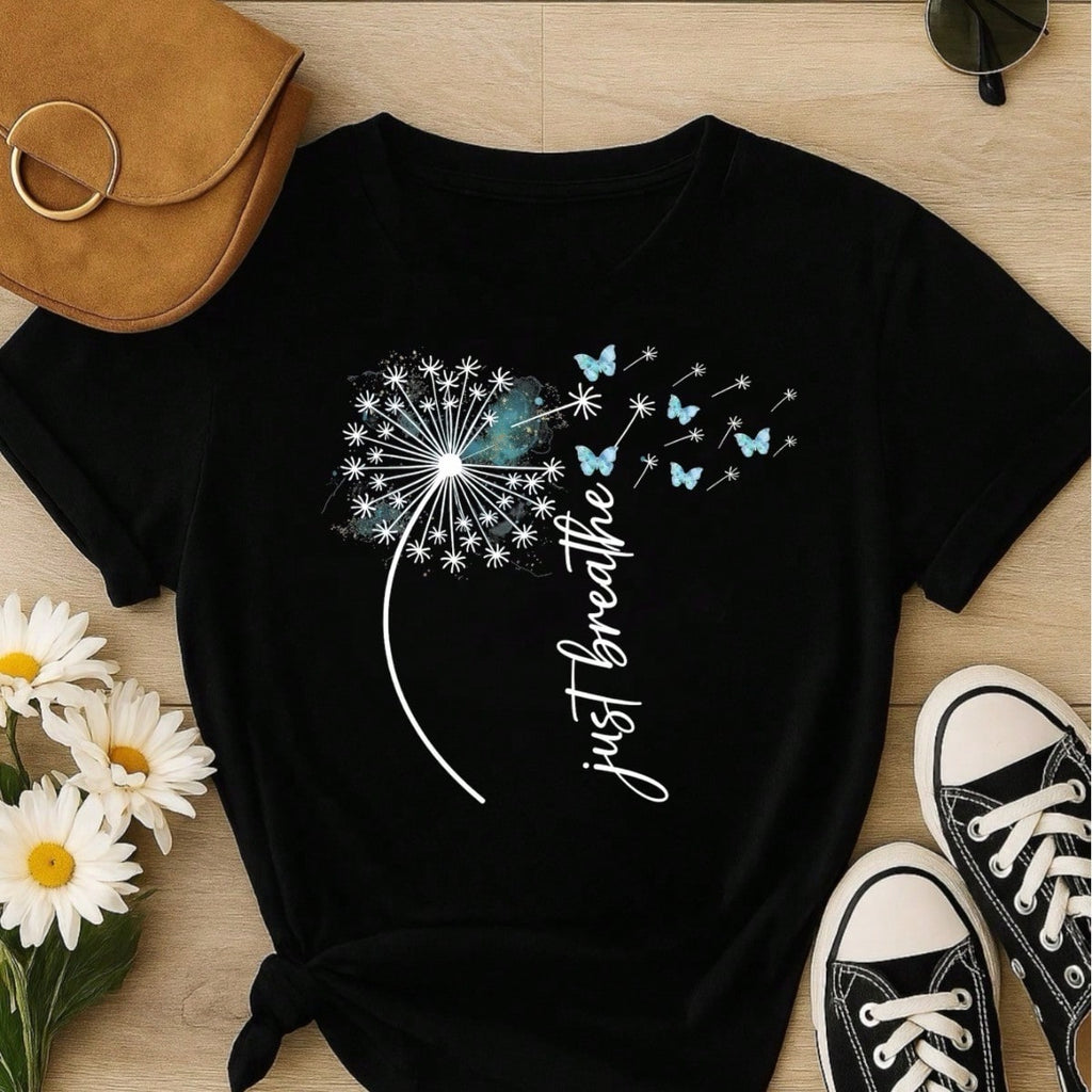 Camiseta Feminina Estampa Just Breathe Algodão Casual Confortável Manga Curta