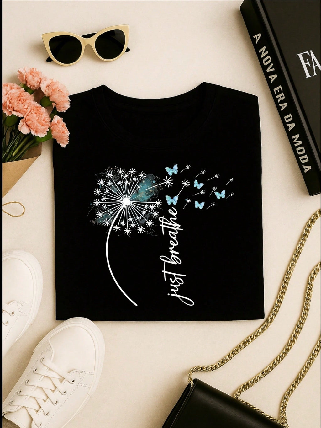 Camiseta Feminina Estampa Just Breathe Algodão Casual Confortável Manga Curta