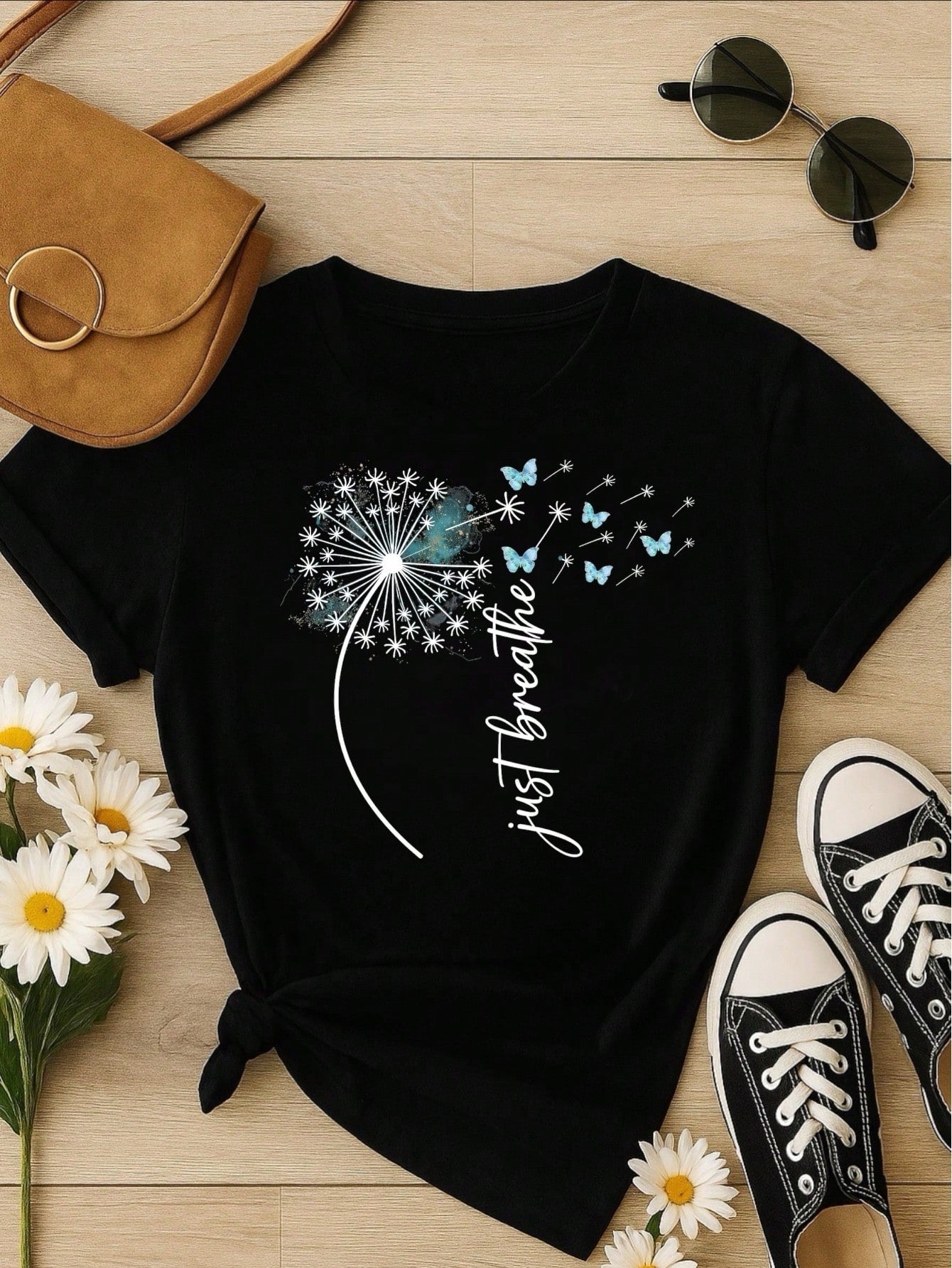 Camiseta Feminina Estampa Just Breathe Algodão Casual Confortável Manga Curta