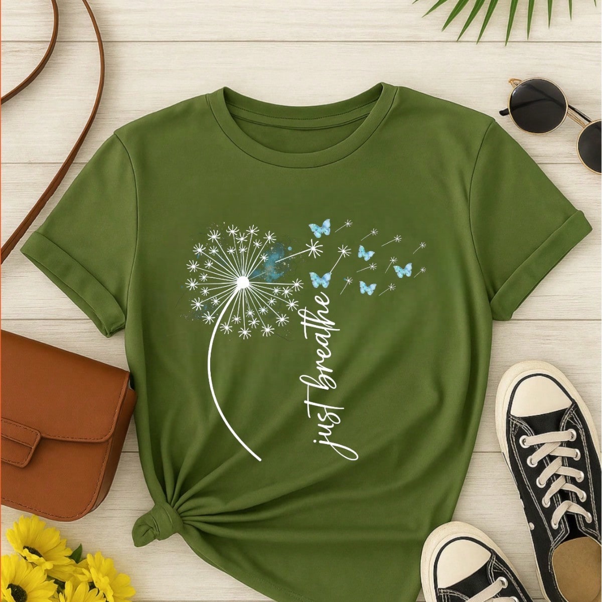 Camiseta Feminina Estampa Just Breathe Algodão Casual Confortável Manga Curta