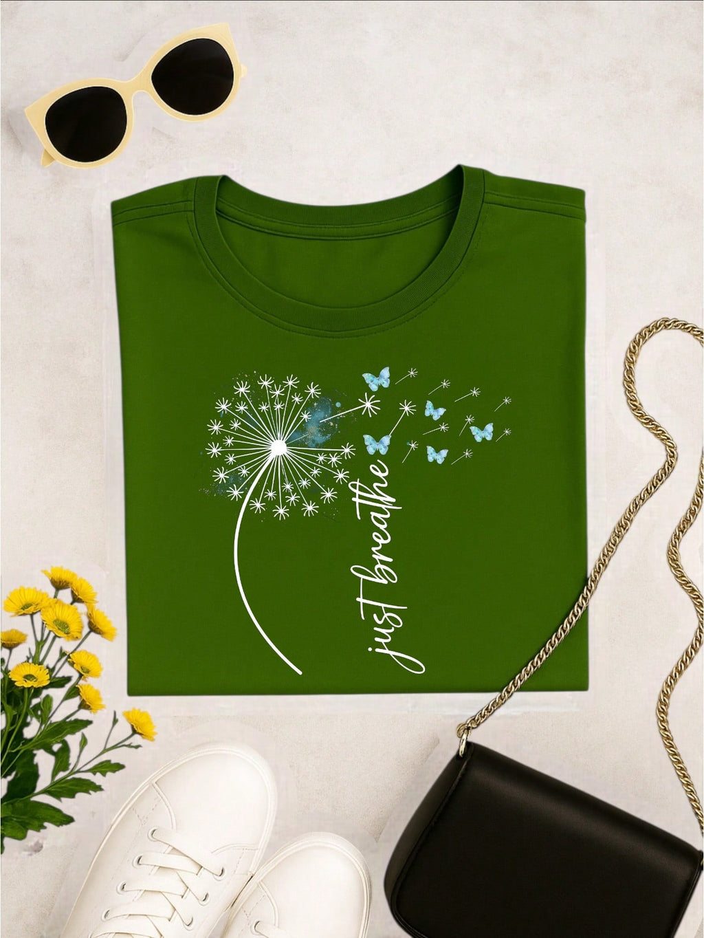 Camiseta Feminina Estampa Just Breathe Algodão Casual Confortável Manga Curta