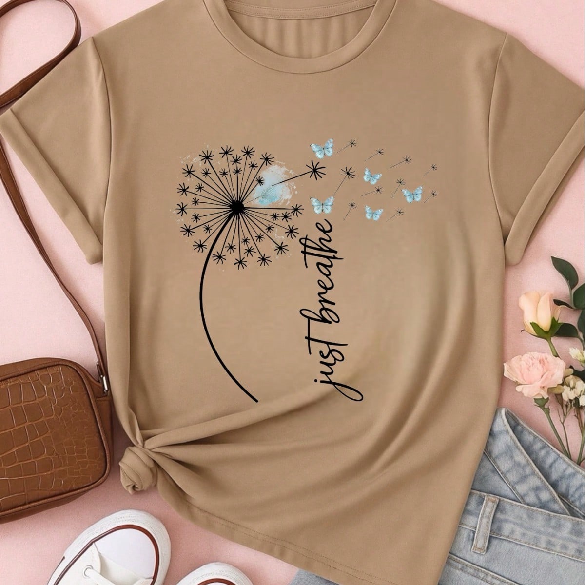 Camiseta Feminina Estampa Just Breathe Algodão Casual Confortável Manga Curta