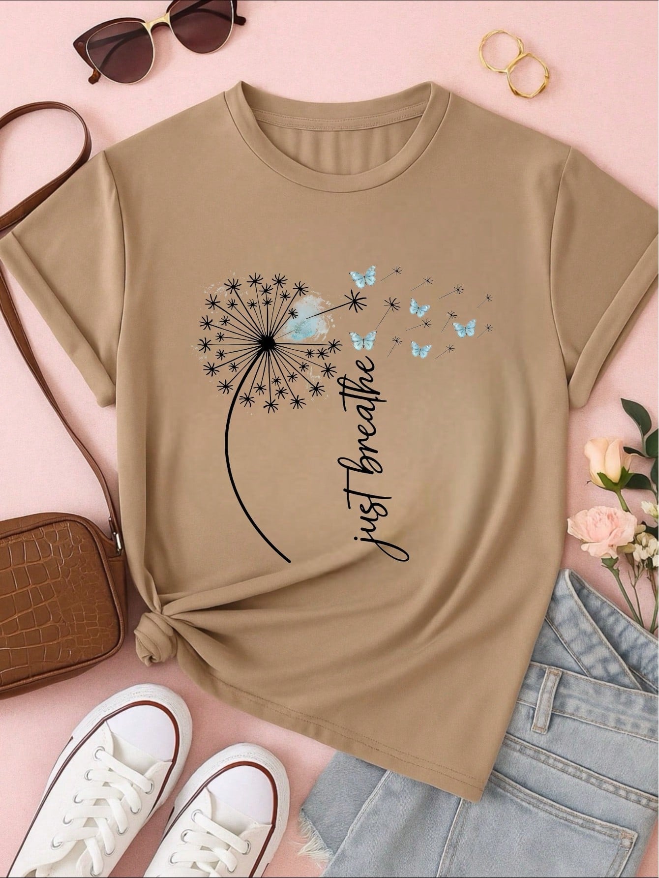 Camiseta Feminina Estampa Just Breathe Algodão Casual Confortável Manga Curta