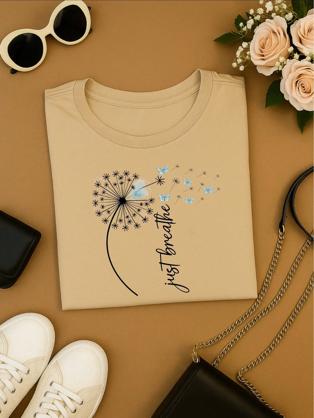 Camiseta Feminina Estampa Just Breathe Algodão Casual Confortável Manga Curta