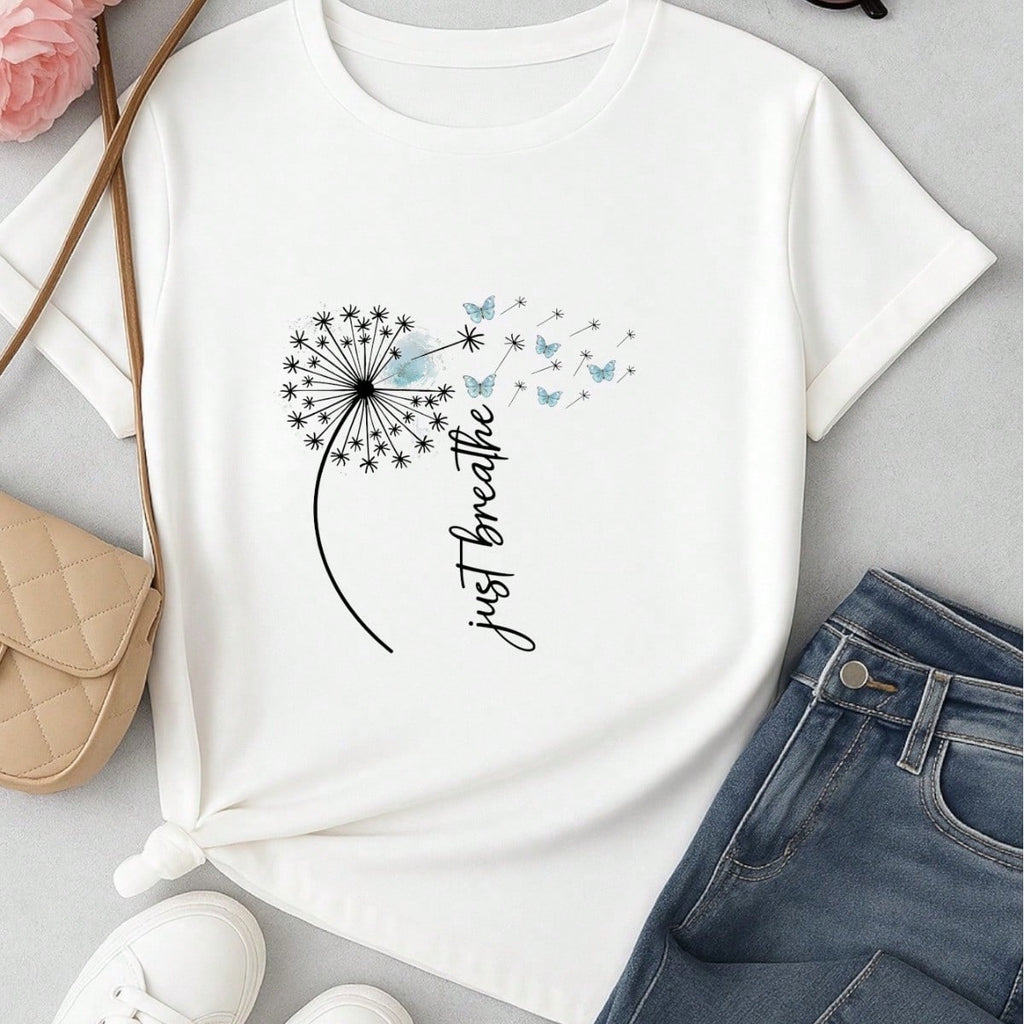 Camiseta Feminina Estampa Just Breathe Algodão Casual Confortável Manga Curta