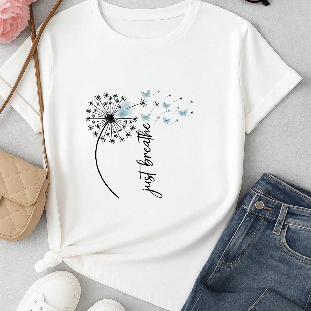 Camiseta Feminina Estampa Just Breathe Algodão Casual Confortável Manga Curta