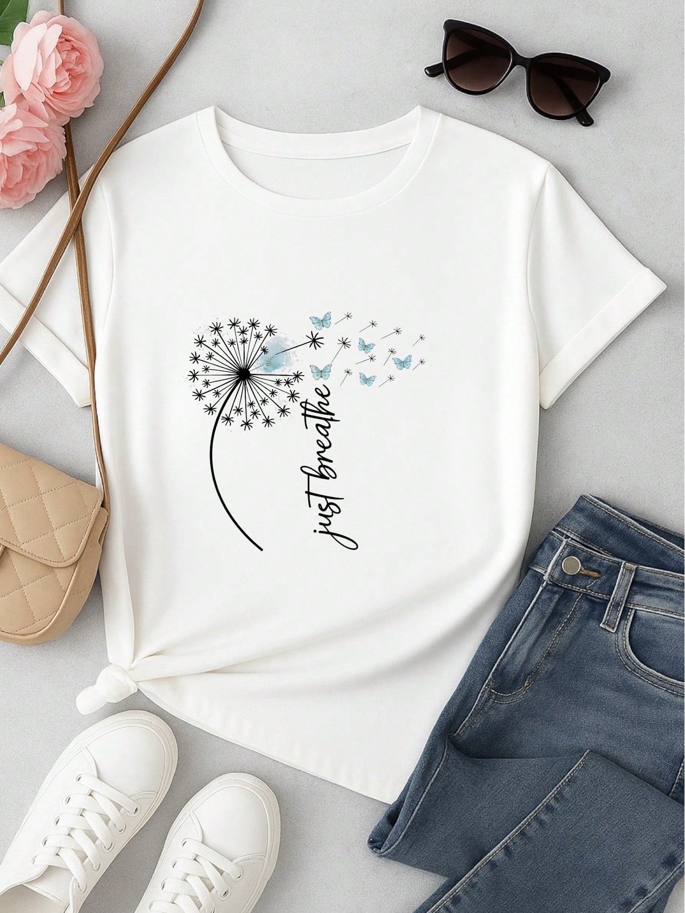 Camiseta Feminina Estampa Just Breathe Algodão Casual Confortável Manga Curta