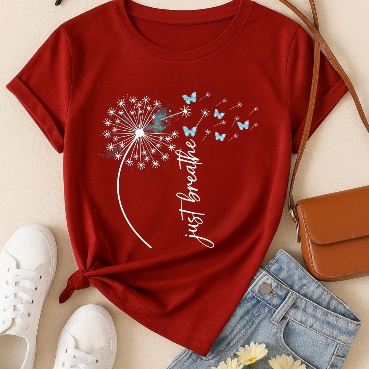 Camiseta Feminina Estampa Just Breathe Algodão Casual Confortável Manga Curta