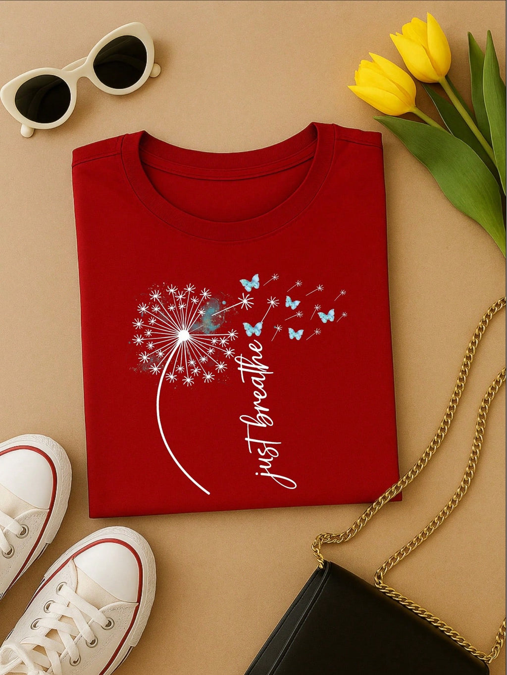 Camiseta Feminina Estampa Just Breathe Algodão Casual Confortável Manga Curta