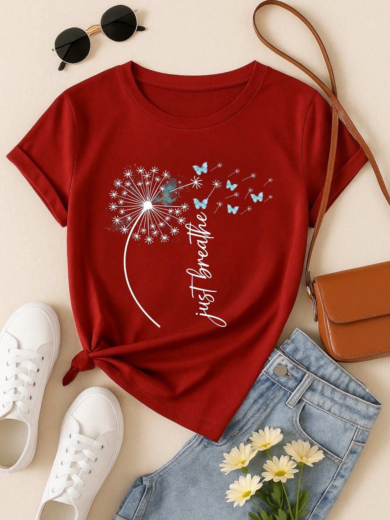 Camiseta Feminina Estampa Just Breathe Algodão Casual Confortável Manga Curta