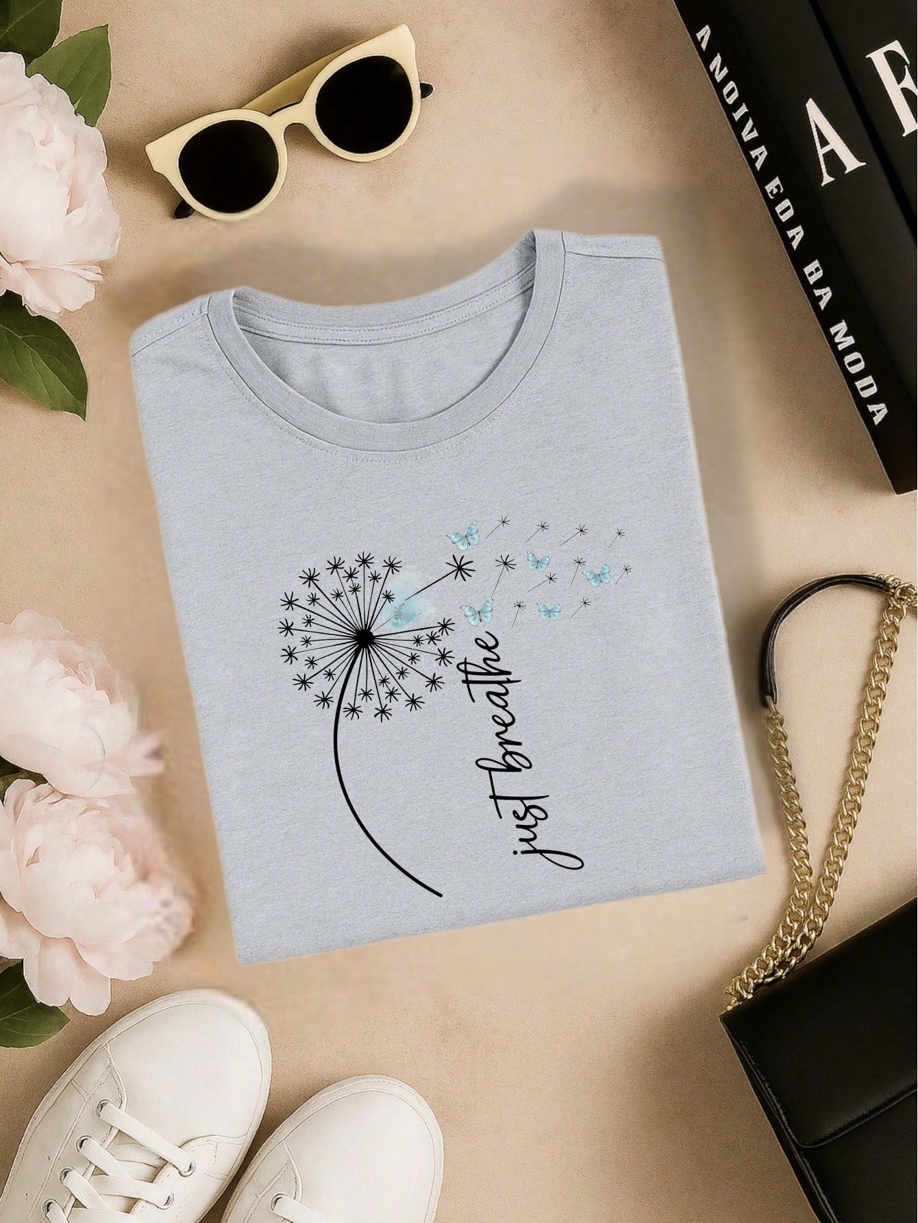 Camiseta Feminina Estampa Just Breathe Algodão Casual Confortável Manga Curta