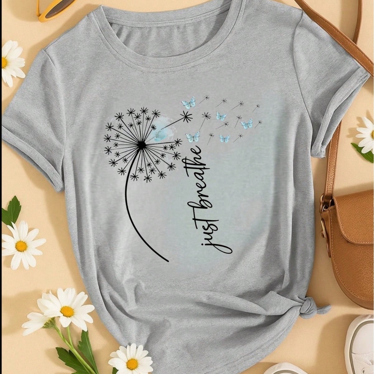 Camiseta Feminina Estampa Just Breathe Algodão Casual Confortável Manga Curta