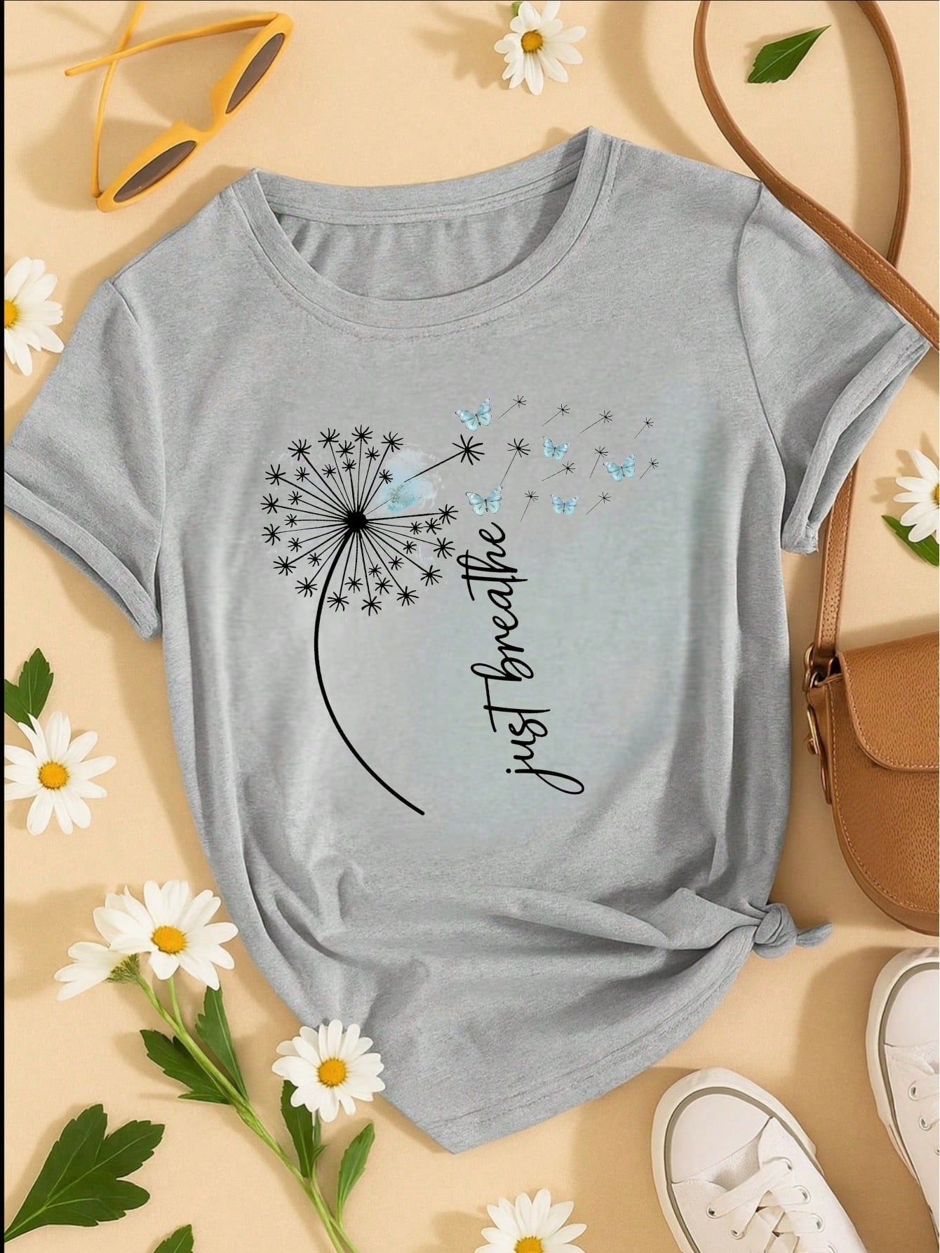 Camiseta Feminina Estampa Just Breathe Algodão Casual Confortável Manga Curta