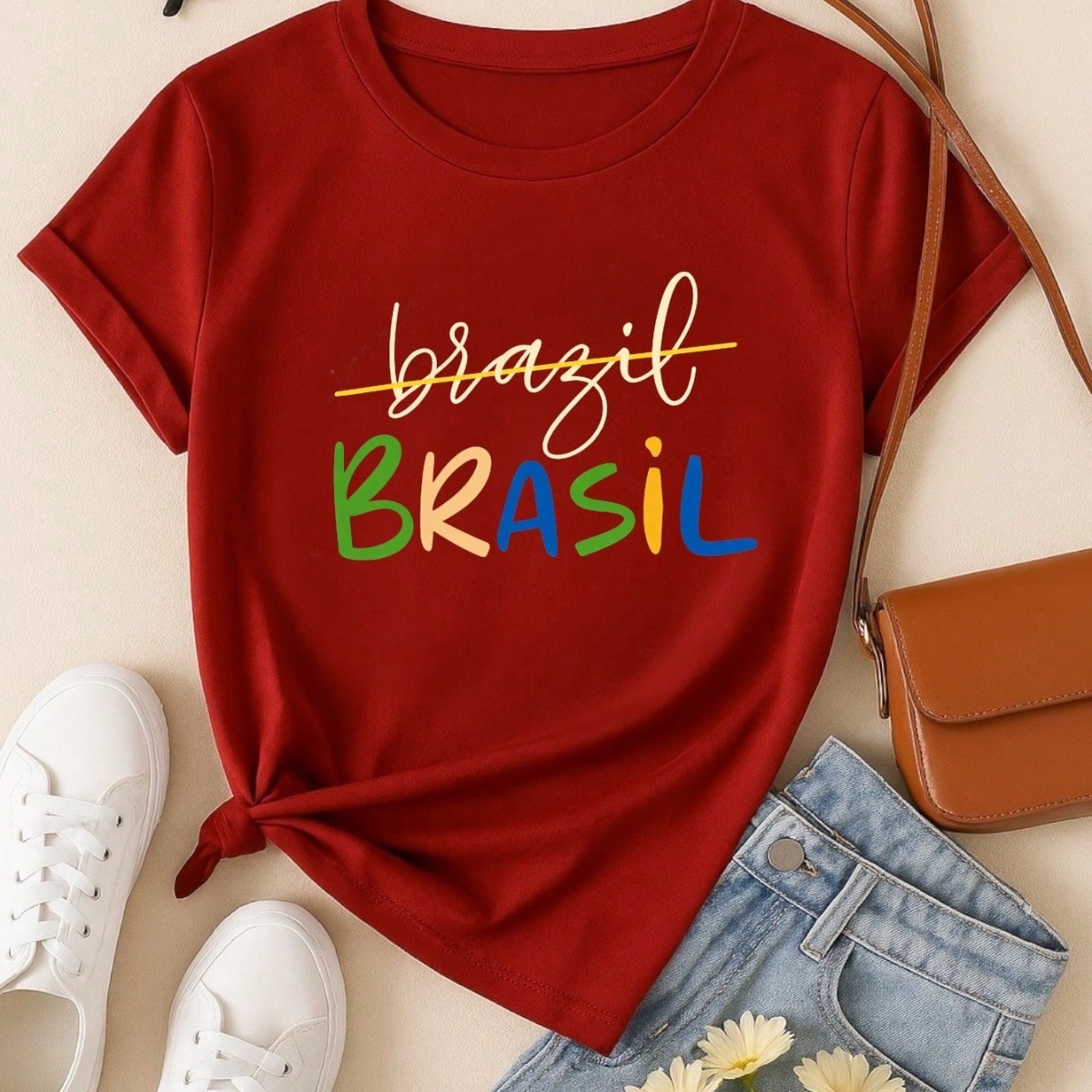 Camiseta Feminina Brasil Copa Estampada Casual 100% Algodão Manga Curta Confortável Verão