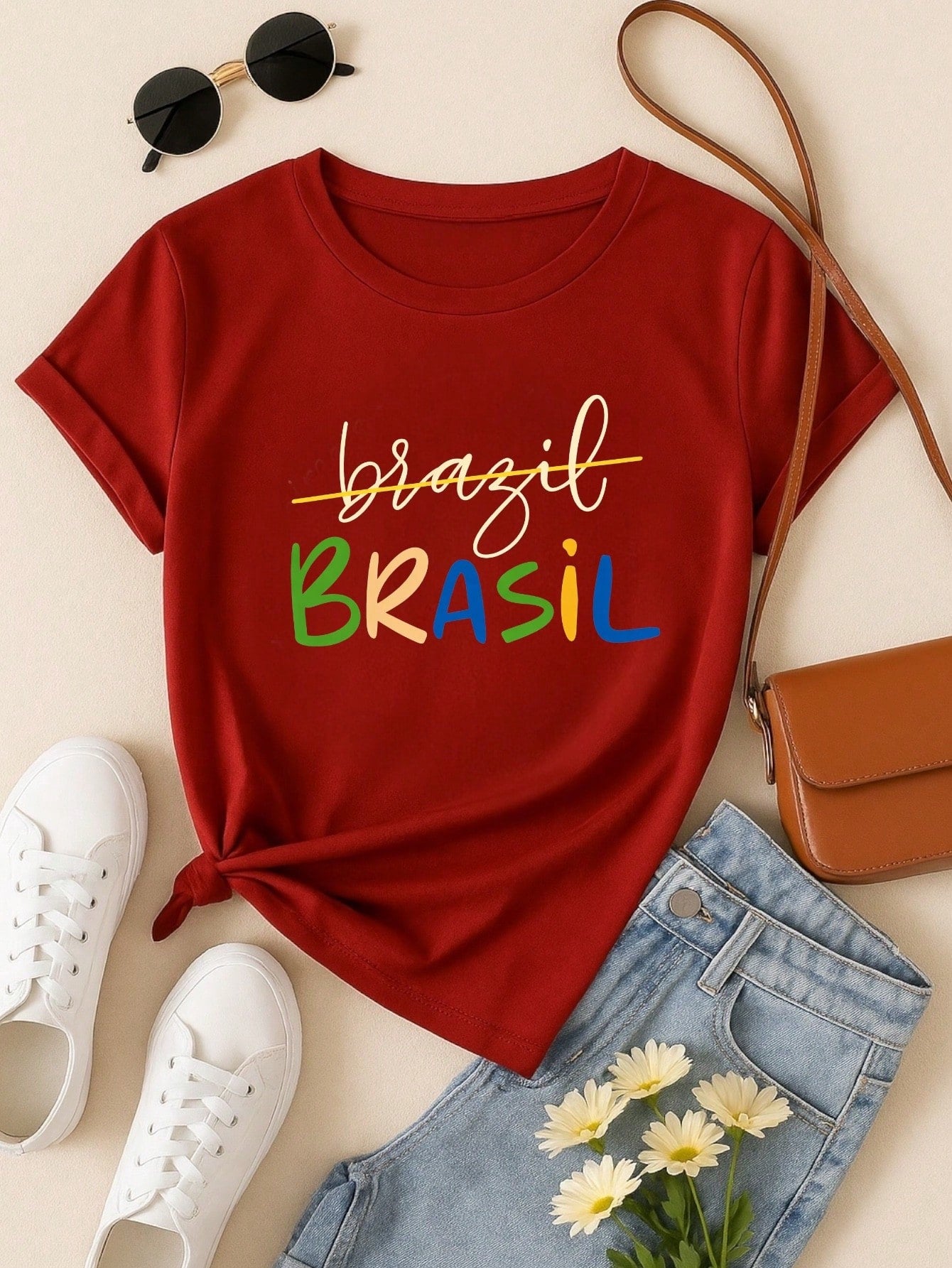 Camiseta Feminina Brasil Copa Estampada Casual 100% Algodão Manga Curta Confortável Verão