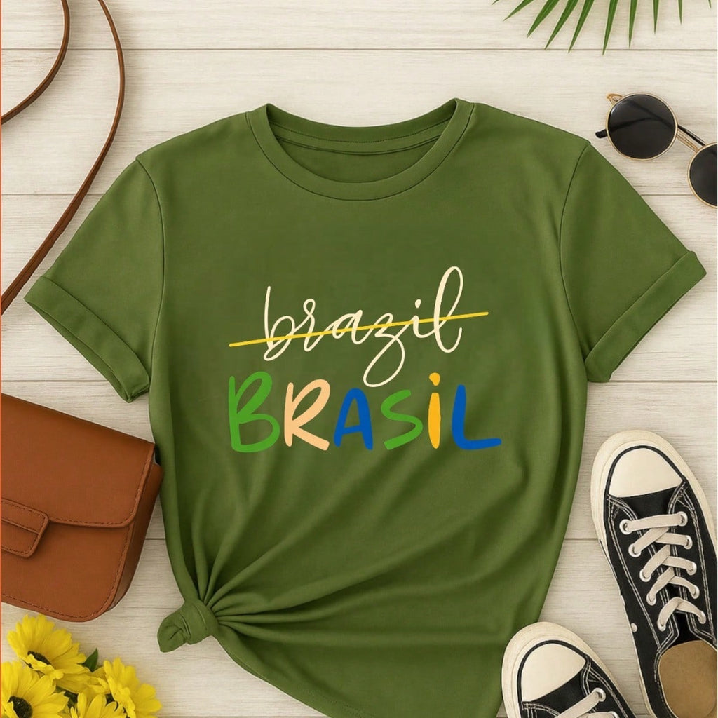 Camiseta Feminina Brasil Copa Estampada Casual 100% Algodão Manga Curta Confortável Verão