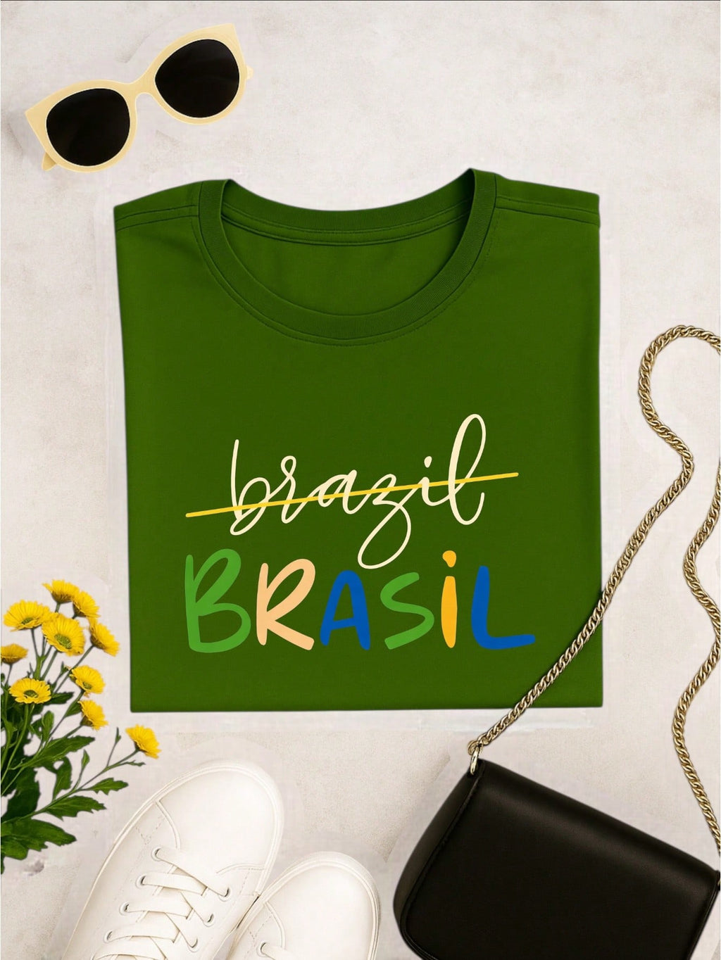 Camiseta Feminina Brasil Copa Estampada Casual 100% Algodão Manga Curta Confortável Verão