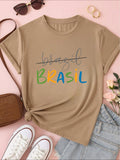 Camiseta Feminina Brasil Copa Estampada Casual 100% Algodão Manga Curta Confortável Verão