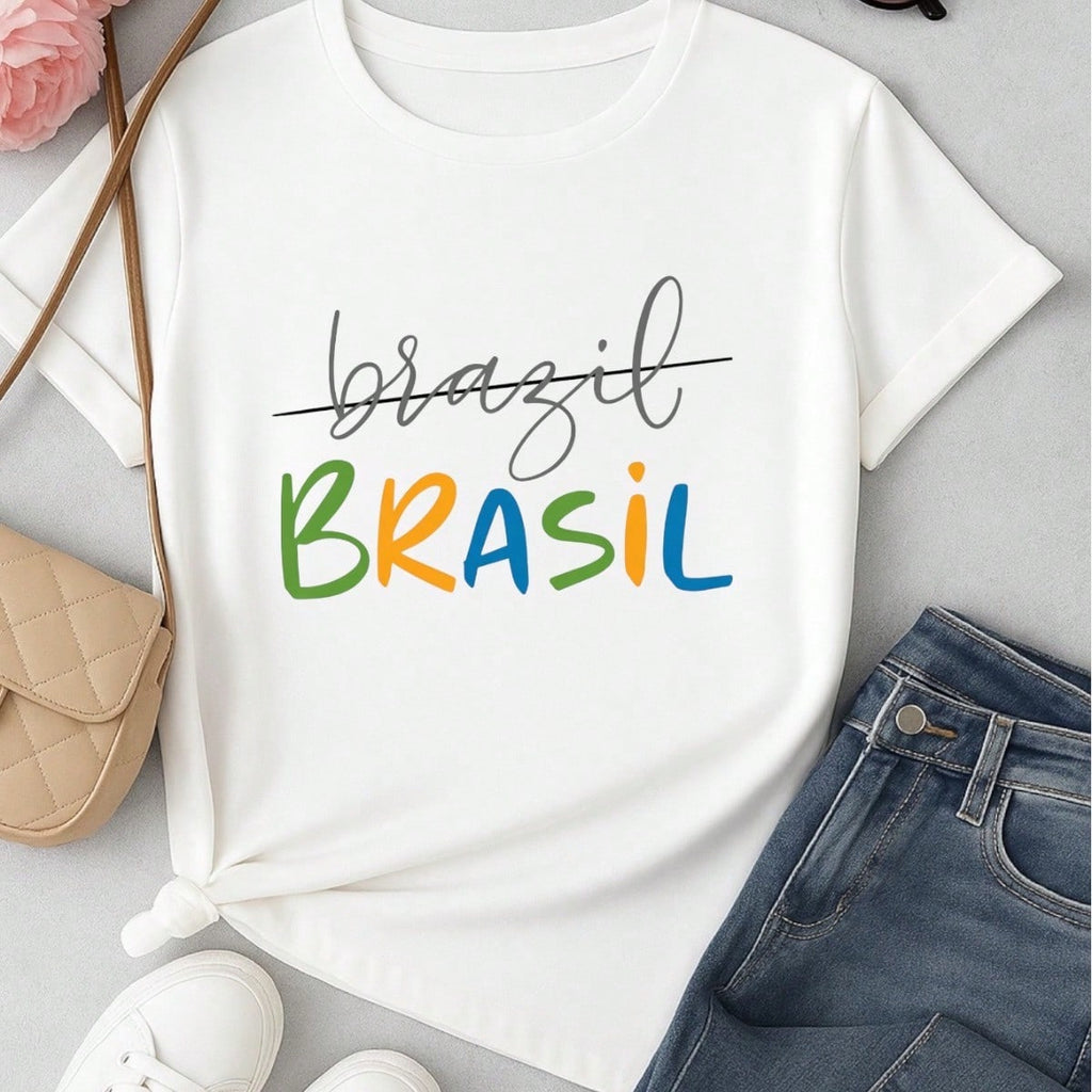 Camiseta Feminina Brasil Copa Estampada Casual 100% Algodão Manga Curta Confortável Verão