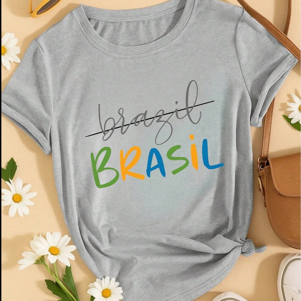 Camiseta Feminina Brasil Copa Estampada Casual 100% Algodão Manga Curta Confortável Verão