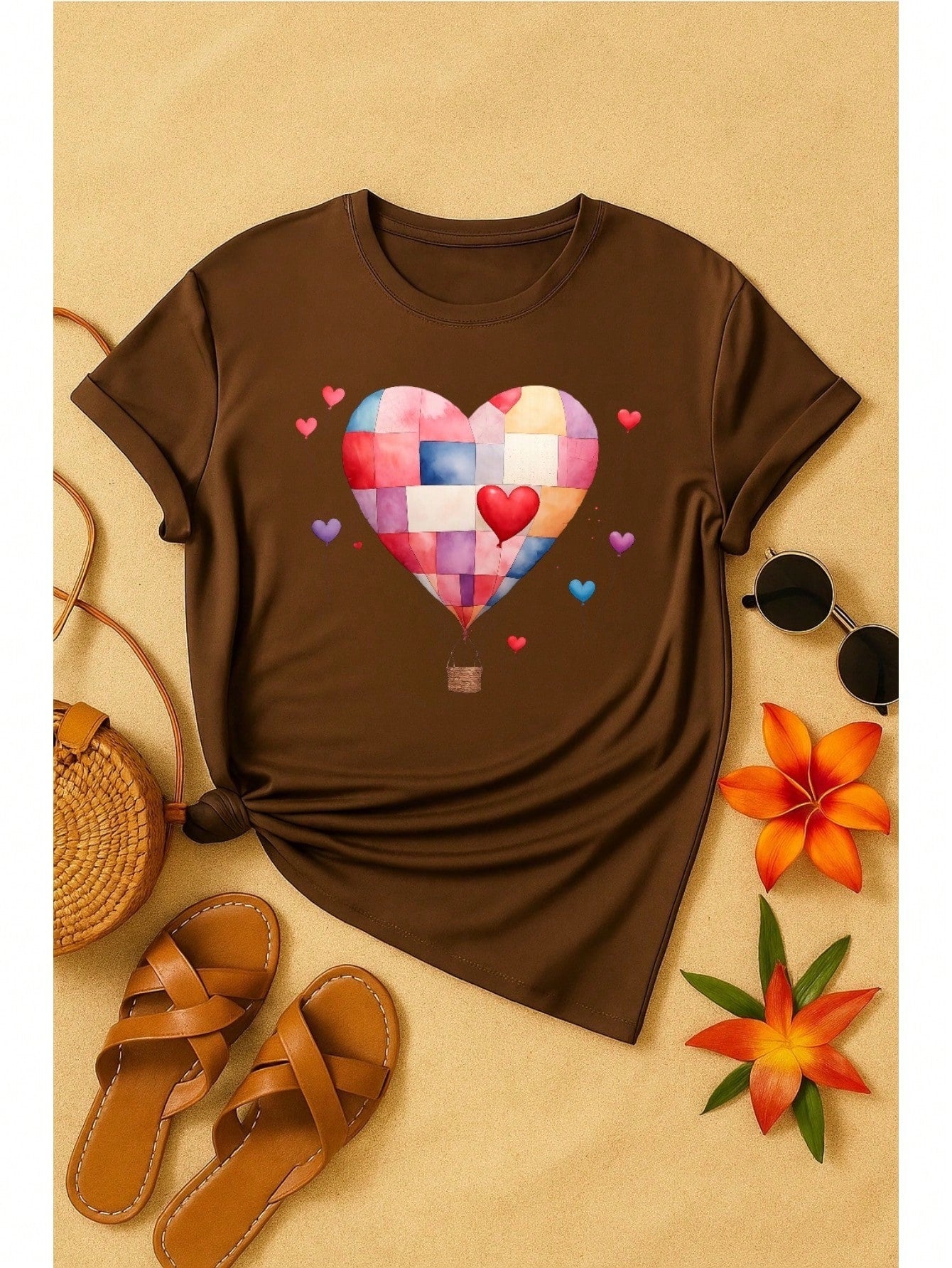 Blusa Feminina 100% Algodão – Estampa Coração Balão Patchwork