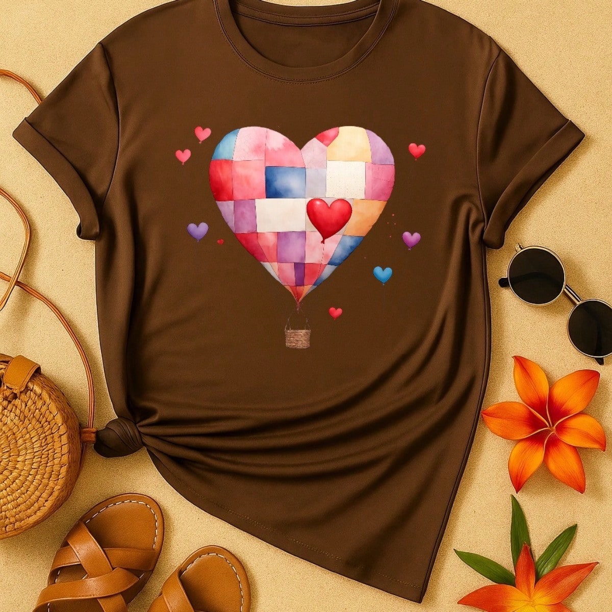 Blusa Feminina 100% Algodão – Estampa Coração Balão Patchwork