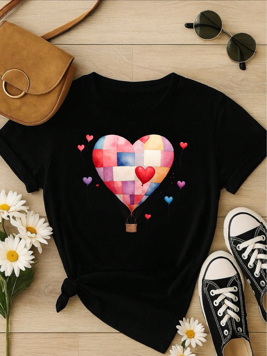 Blusa Feminina 100% Algodão – Estampa Coração Balão Patchwork