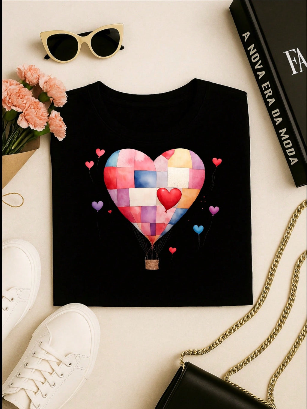 Blusa Feminina 100% Algodão – Estampa Coração Balão Patchwork