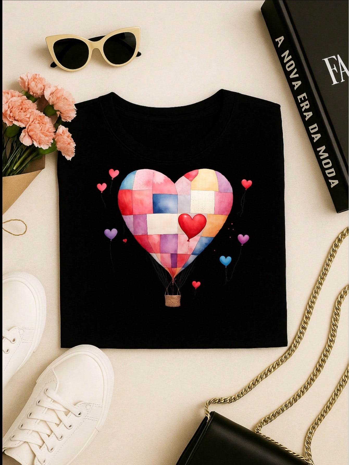 Blusa Feminina 100% Algodão – Estampa Coração Balão Patchwork