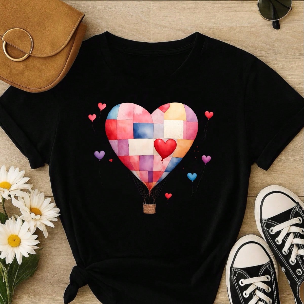 Blusa Feminina 100% Algodão – Estampa Coração Balão Patchwork