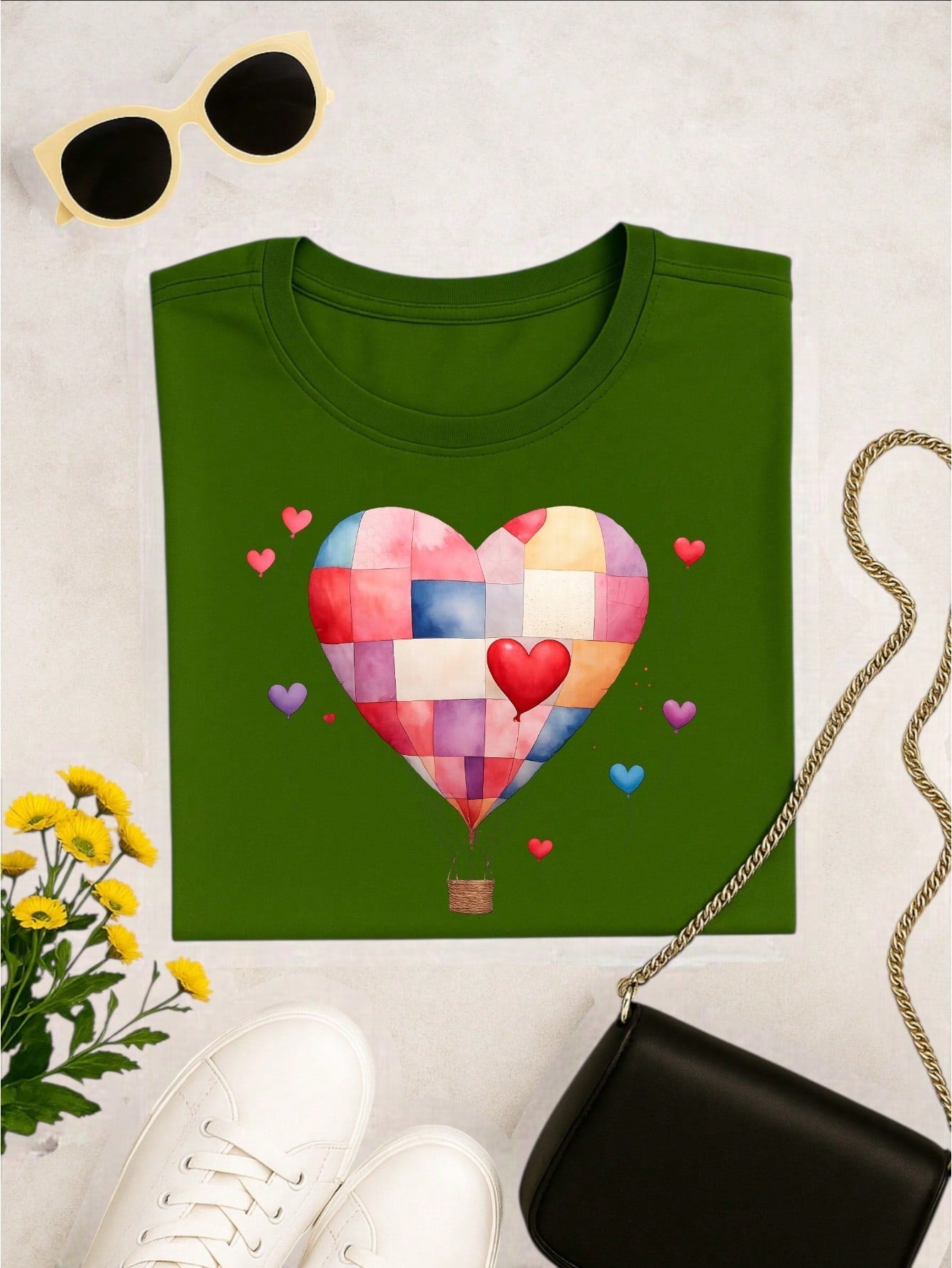 Blusa Feminina 100% Algodão – Estampa Coração Balão Patchwork