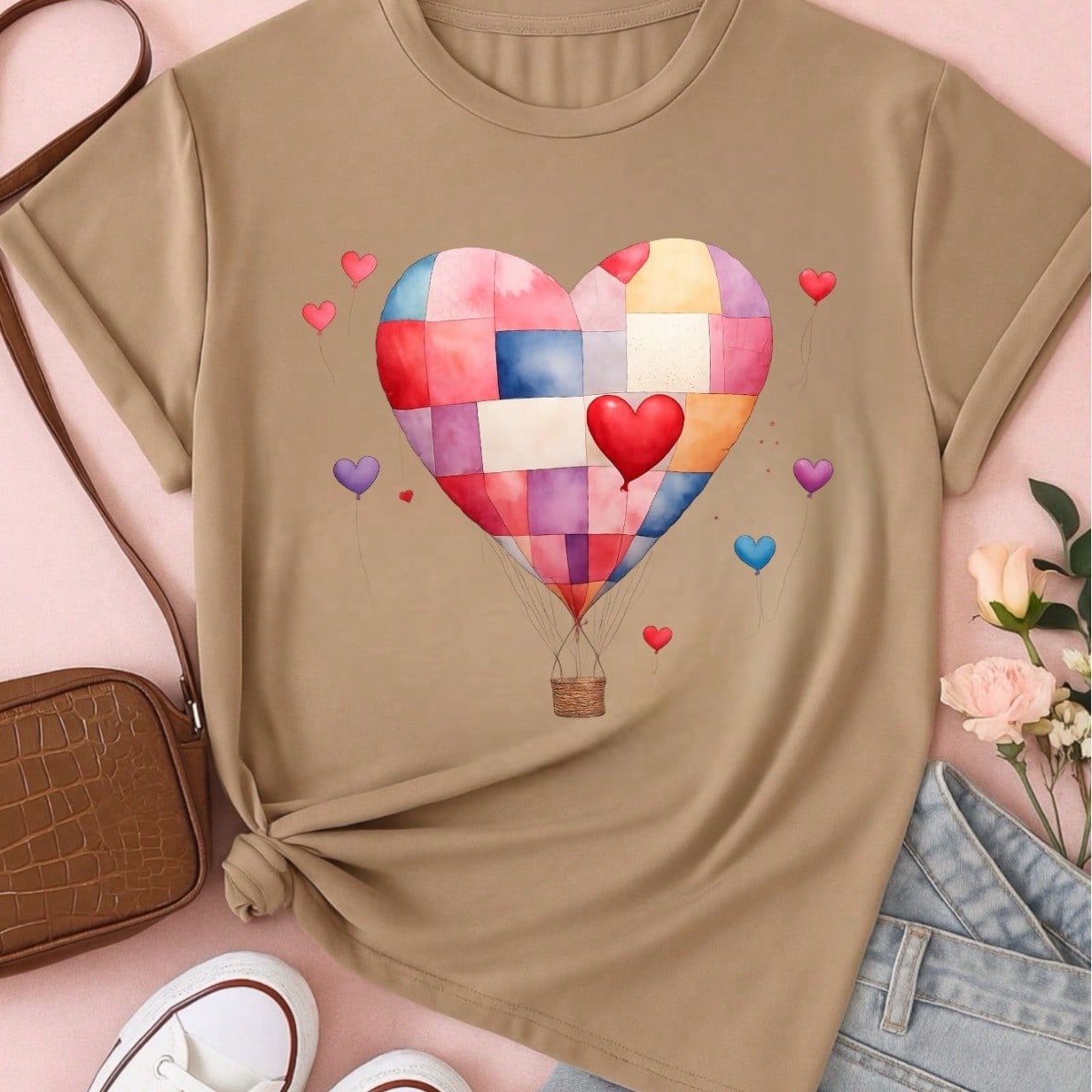 Blusa Feminina 100% Algodão – Estampa Coração Balão Patchwork