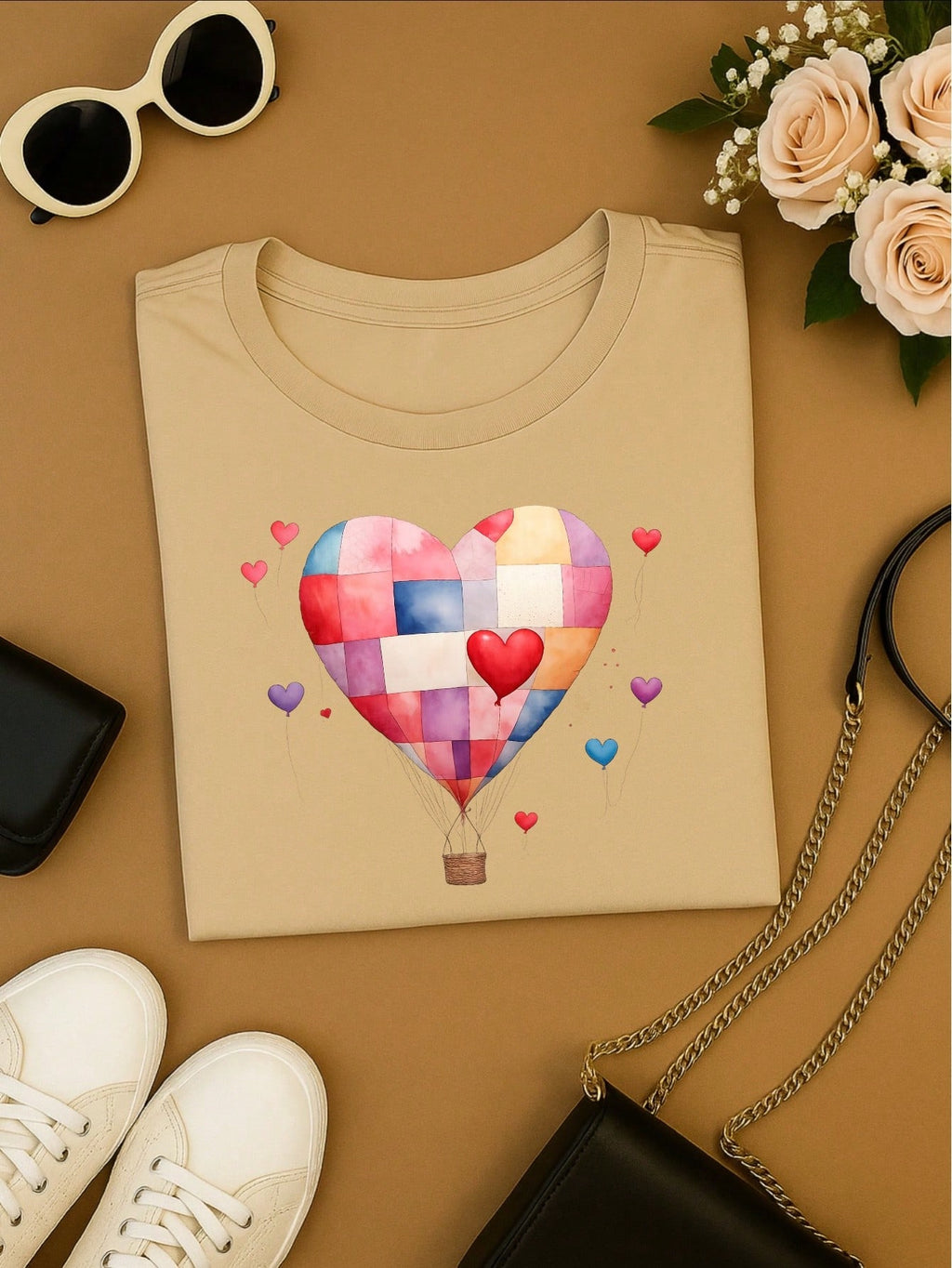 Blusa Feminina 100% Algodão – Estampa Coração Balão Patchwork