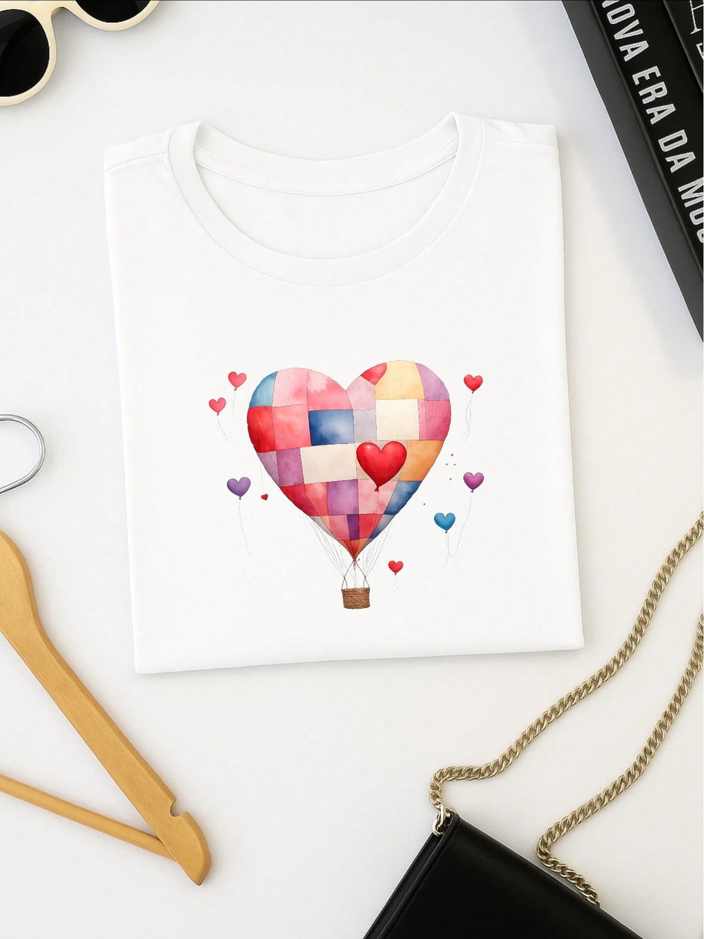 Blusa Feminina 100% Algodão – Estampa Coração Balão Patchwork