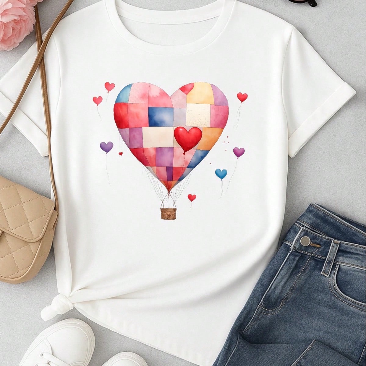 Blusa Feminina 100% Algodão – Estampa Coração Balão Patchwork