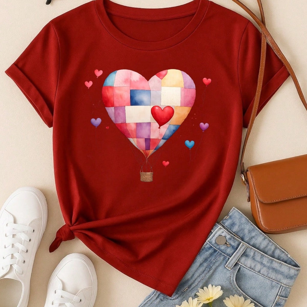 Blusa Feminina 100% Algodão – Estampa Coração Balão Patchwork