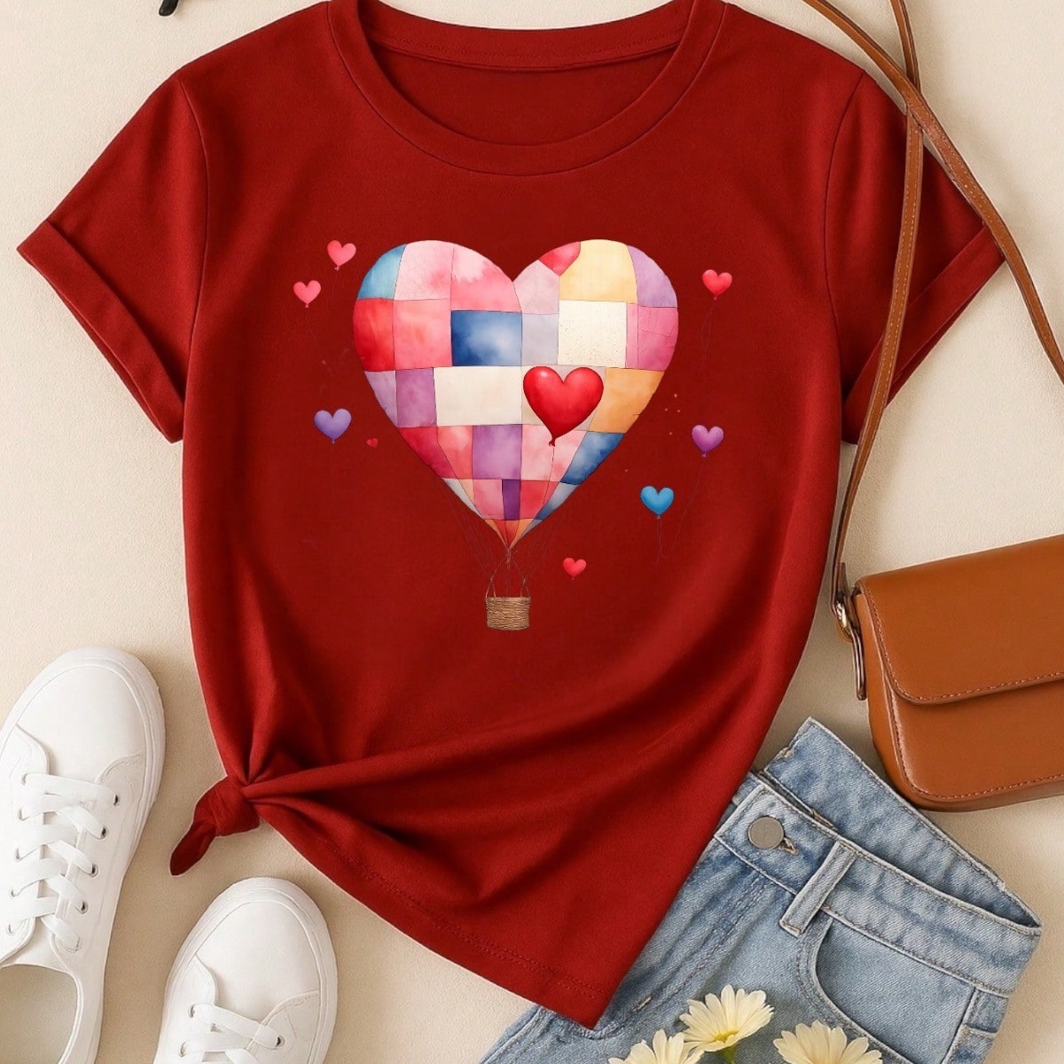 Blusa Feminina 100% Algodão – Estampa Coração Balão Patchwork