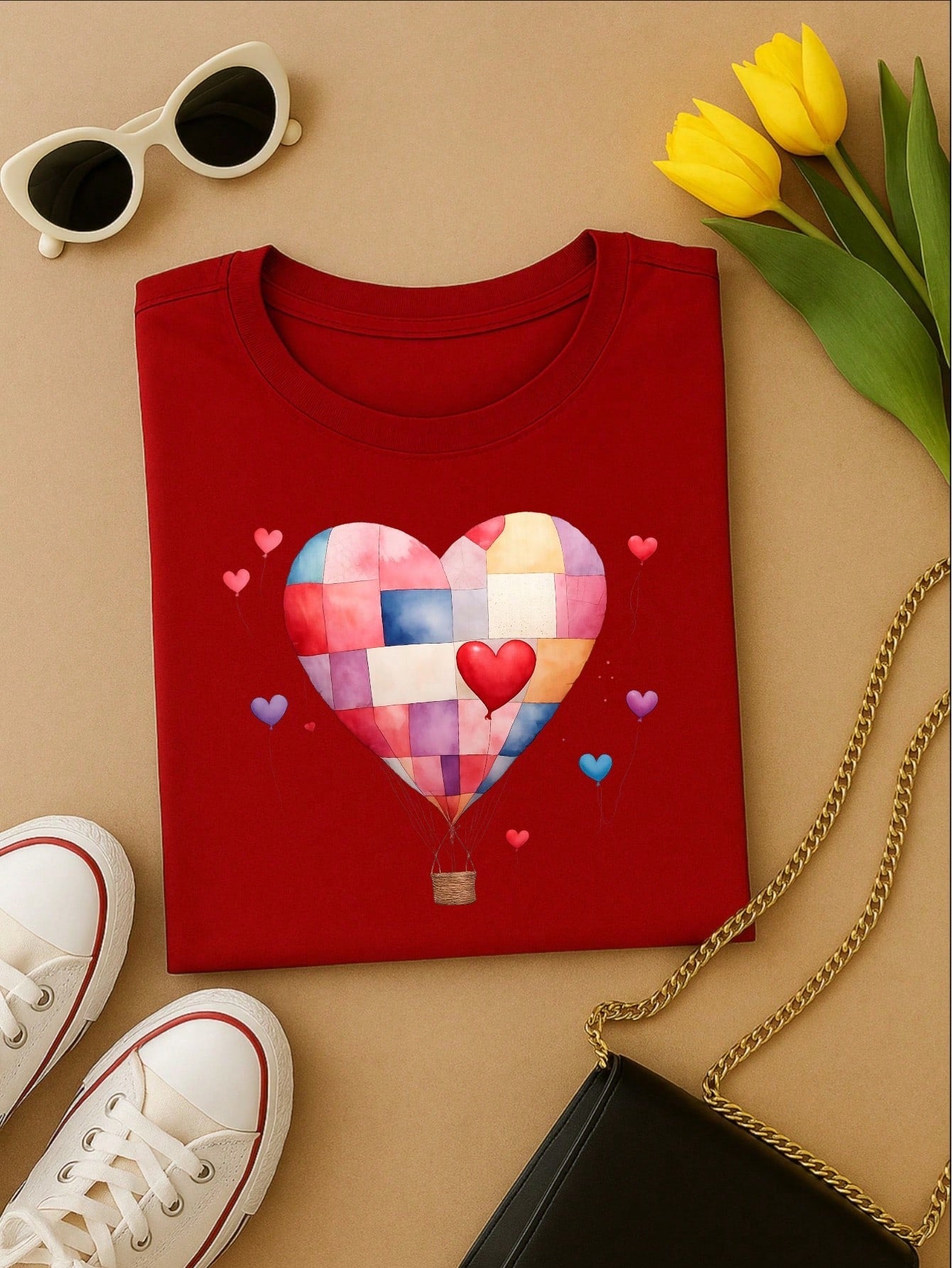 Blusa Feminina 100% Algodão – Estampa Coração Balão Patchwork