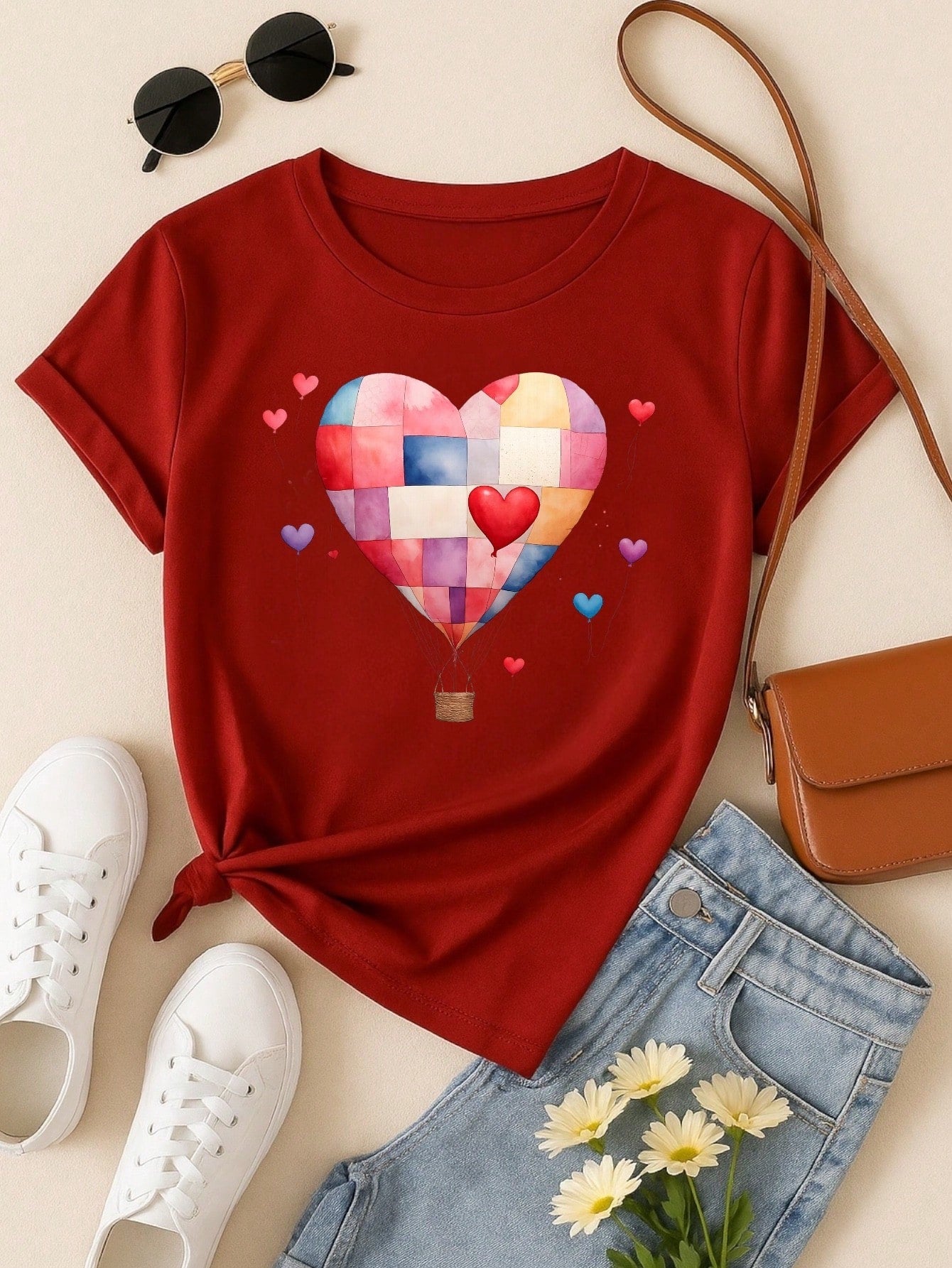 Blusa Feminina 100% Algodão – Estampa Coração Balão Patchwork