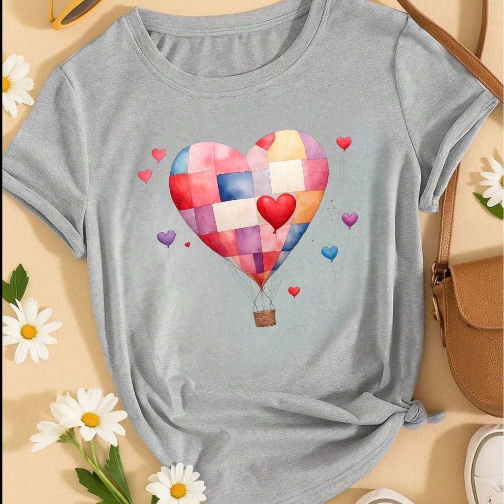 Blusa Feminina 100% Algodão – Estampa Coração Balão Patchwork