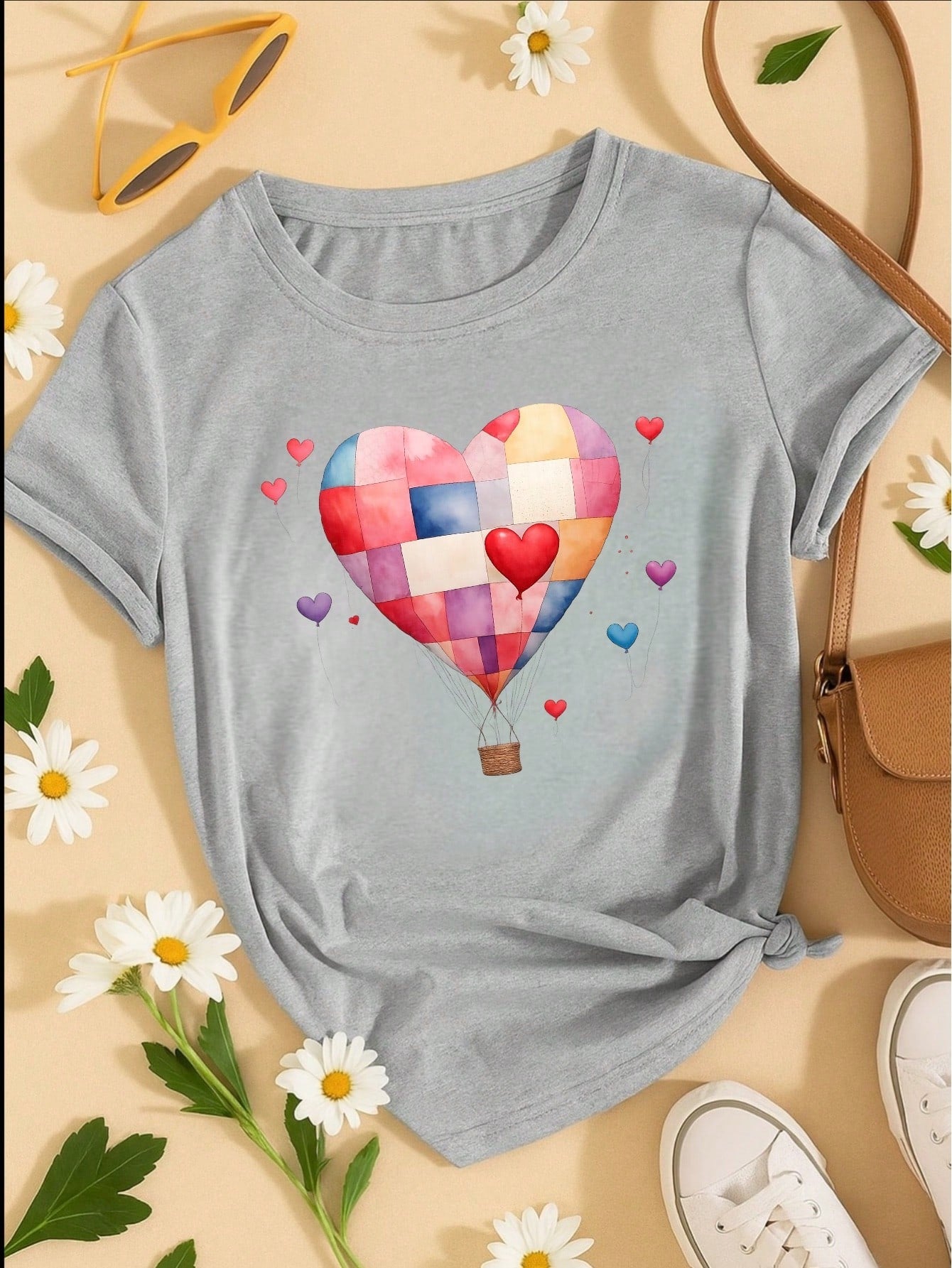 Blusa Feminina 100% Algodão – Estampa Coração Balão Patchwork