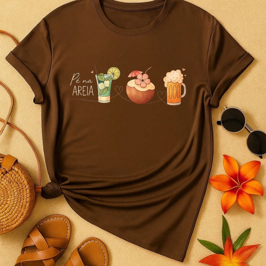 Blusa Feminina 100% Algodão – Estampa Pé na Areia Drinks Confortável – Estampa Verão Praia