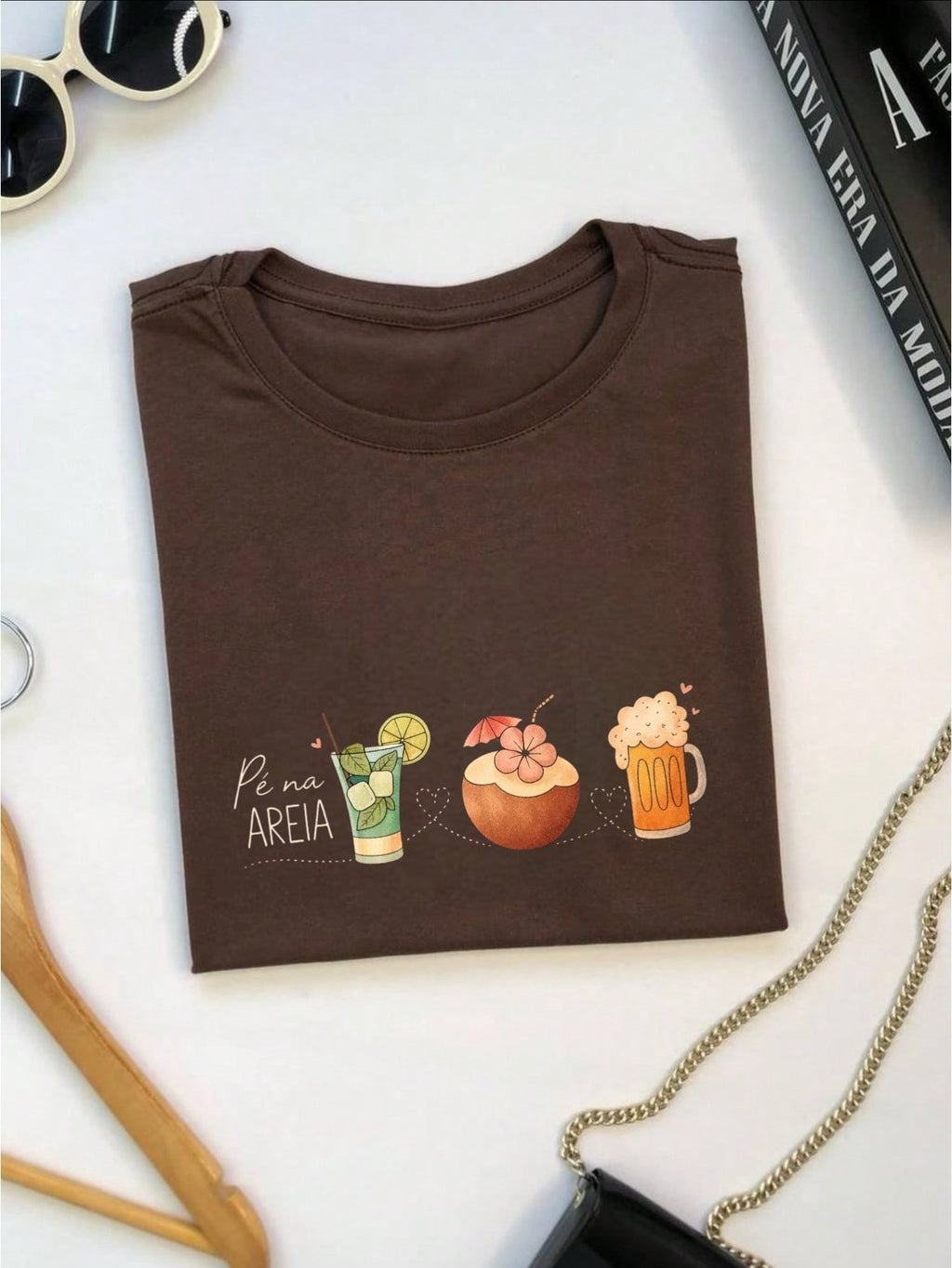 Blusa Feminina 100% Algodão – Estampa Pé na Areia Drinks Confortável – Estampa Verão Praia