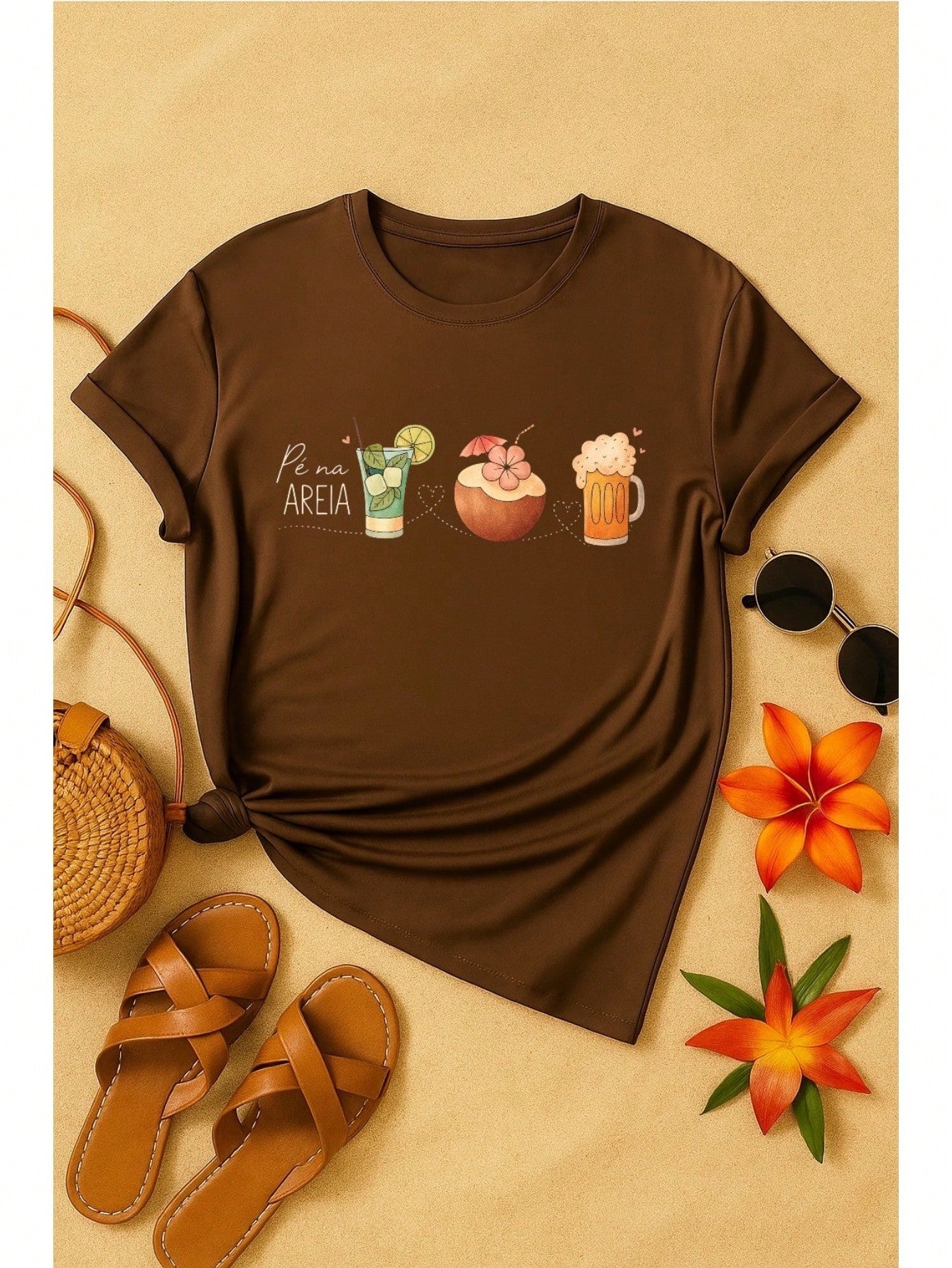 Blusa Feminina 100% Algodão – Estampa Pé na Areia Drinks Confortável – Estampa Verão Praia