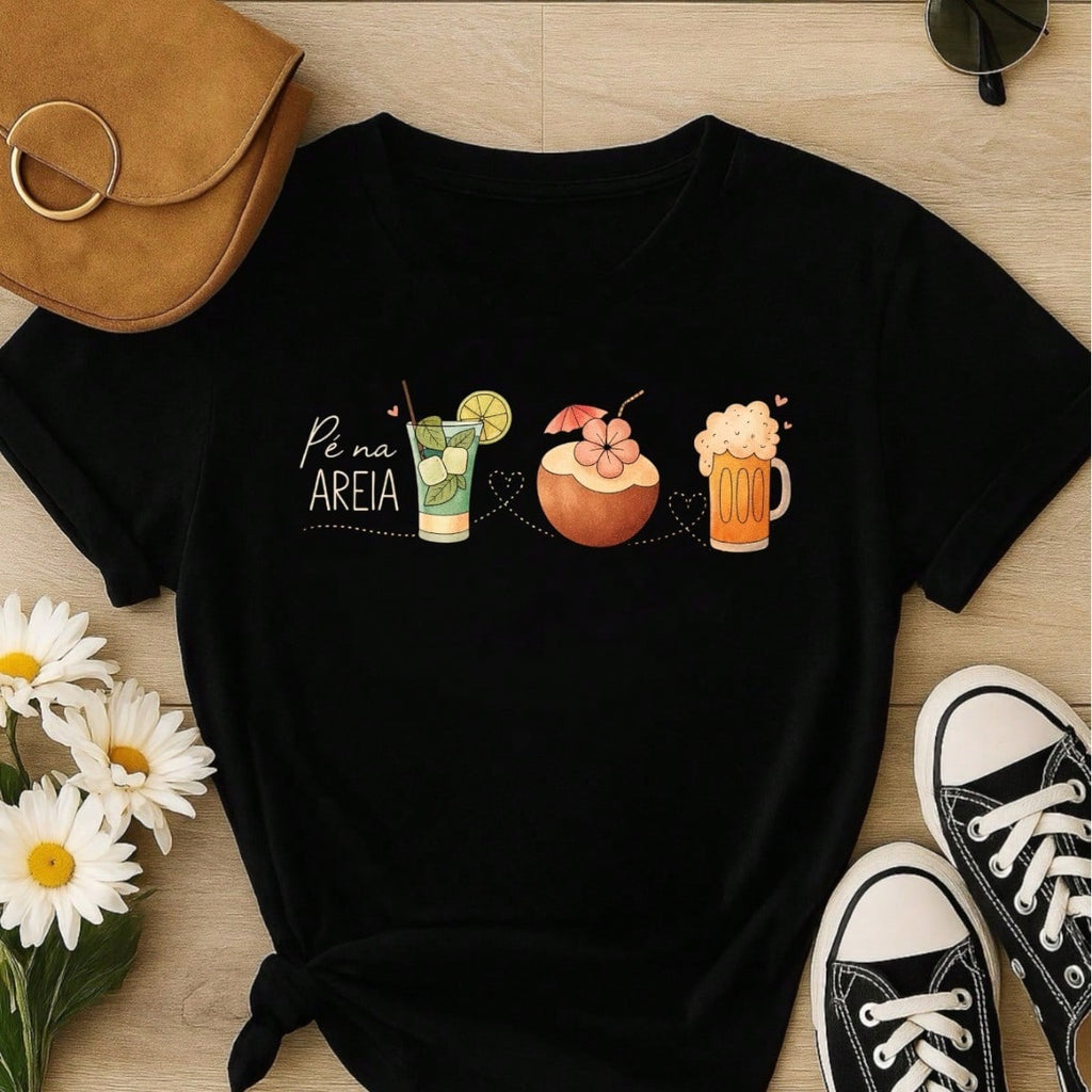 Blusa Feminina 100% Algodão – Estampa Pé na Areia Drinks Confortável – Estampa Verão Praia