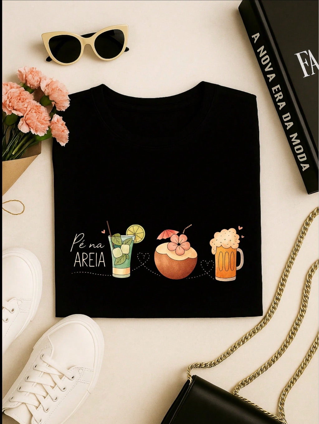 Blusa Feminina 100% Algodão – Estampa Pé na Areia Drinks Confortável – Estampa Verão Praia