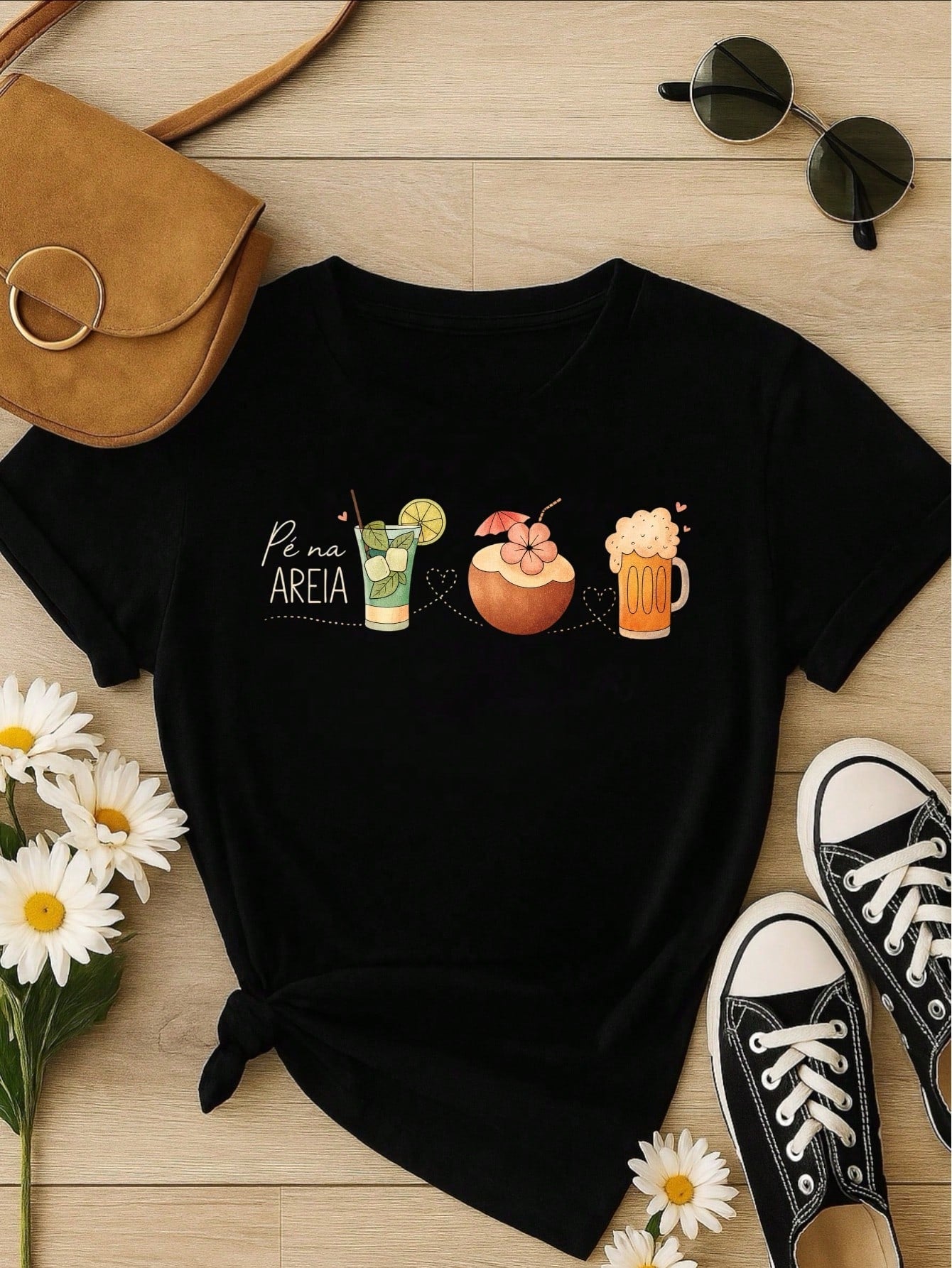 Blusa Feminina 100% Algodão – Estampa Pé na Areia Drinks Confortável – Estampa Verão Praia