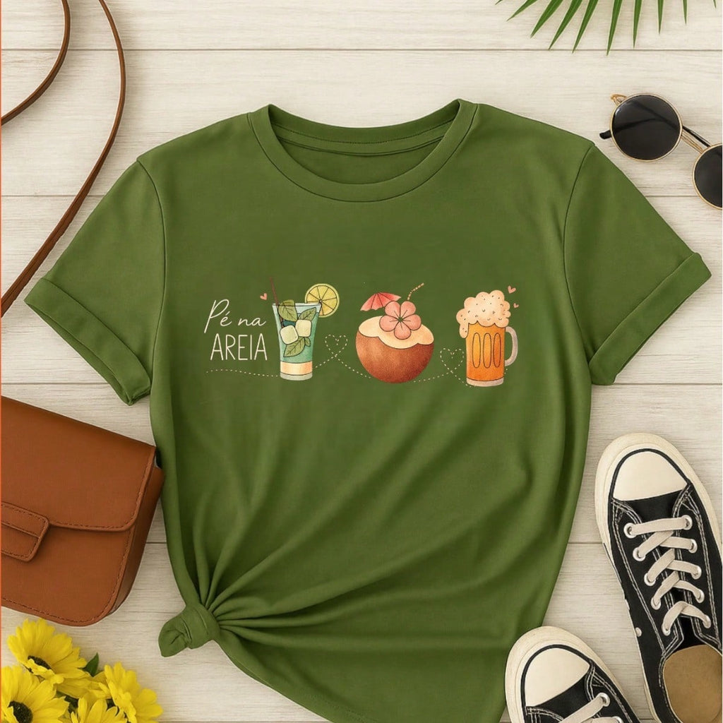 Blusa Feminina 100% Algodão – Estampa Pé na Areia Drinks Confortável – Estampa Verão Praia